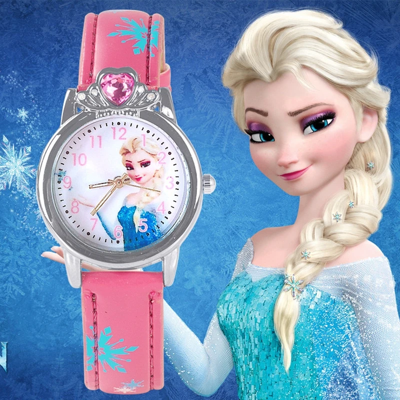 Frozen Elsa Princess Cartoon Children's Fashion Watch Quartz Movement PU Leather Strap Girls' Student Watch Suitable for Childre