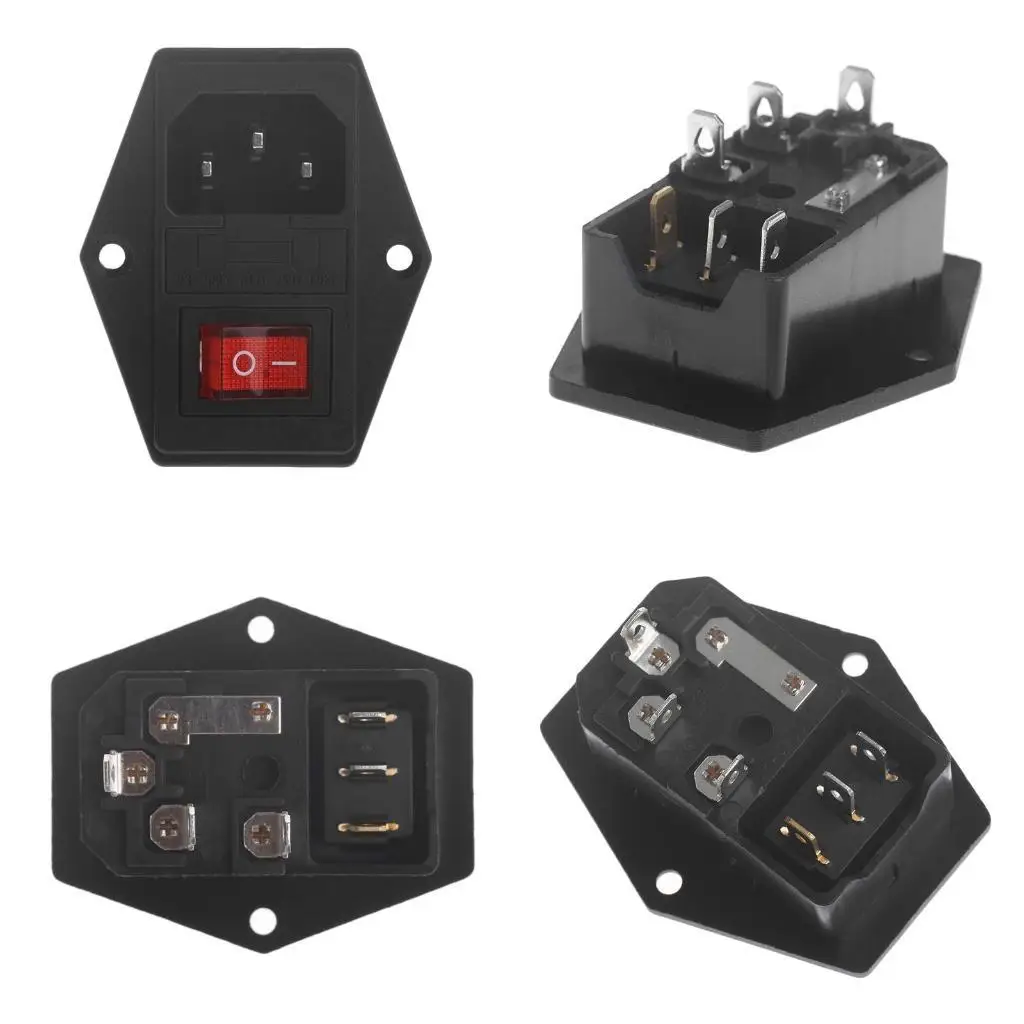 652F Red Light 3 Pin IEC320 C14 Inlet Module Plugs 10Amp 250V  Switches Power Outlet