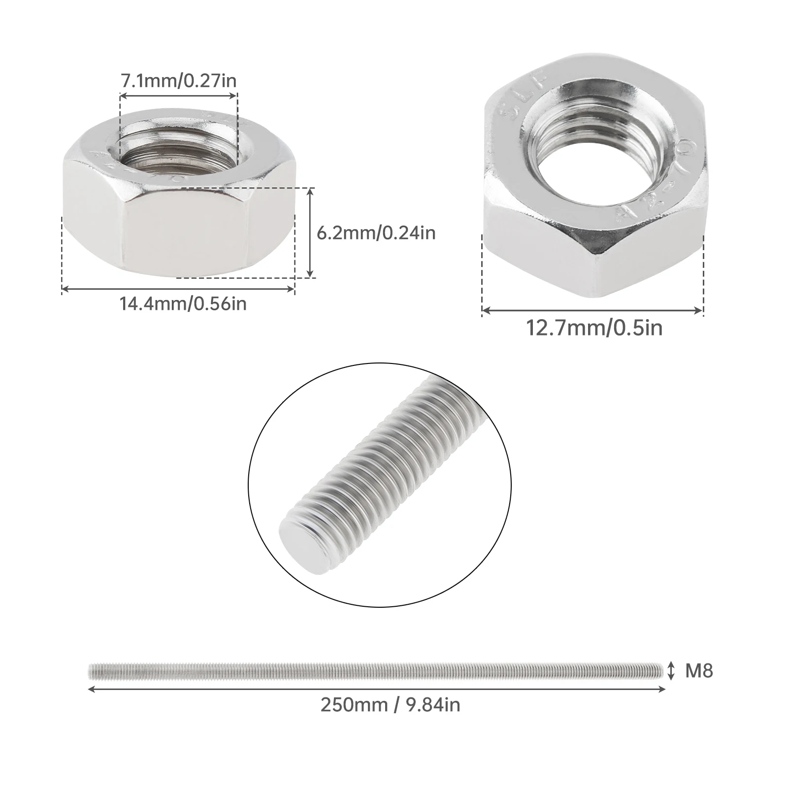 5pcs M8 304 Stainless Steel 9.8 Inch (250MM) Length Fully Threaded Rods for Anchor Bolts /Hangers U Bolts with 10pcs M8 Hex Nuts