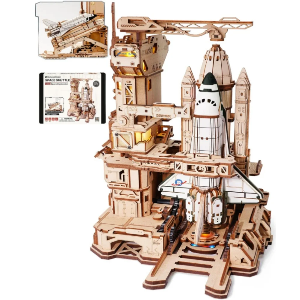 Robotime Rokr 3D-Puzzle Raumfähre Interaktives DIY-Baumodell mit Beleuchtung Flugzeug Holzpuzzle Schreibtisch-Dekoration für Erwachsene