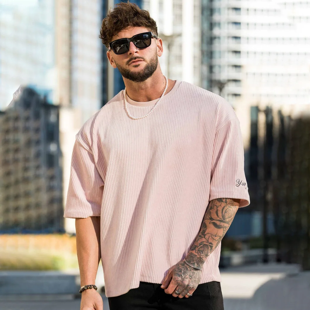 Men's Corduroy Oversized T-Shirt New Sports Casual Round Neck Embroidered Short Sleeves Gym Bodybuilding Training Clothes