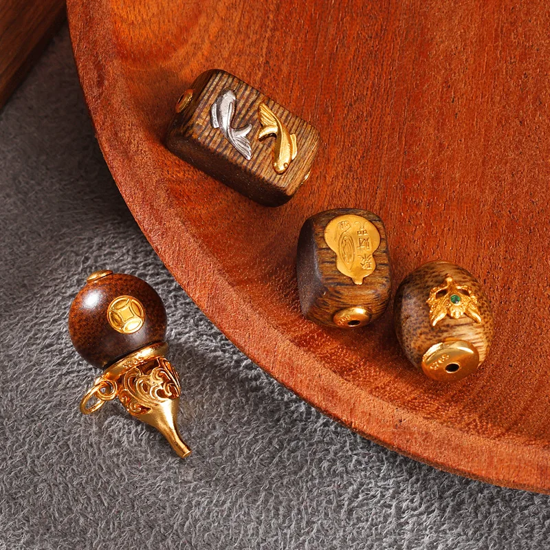 Chinese Style Lucky Natural Agarwood 925 Sterling Silver Gold Plated Spacer Beads Charms For Diy Bracelet Jewelry Making Fortune view 4
