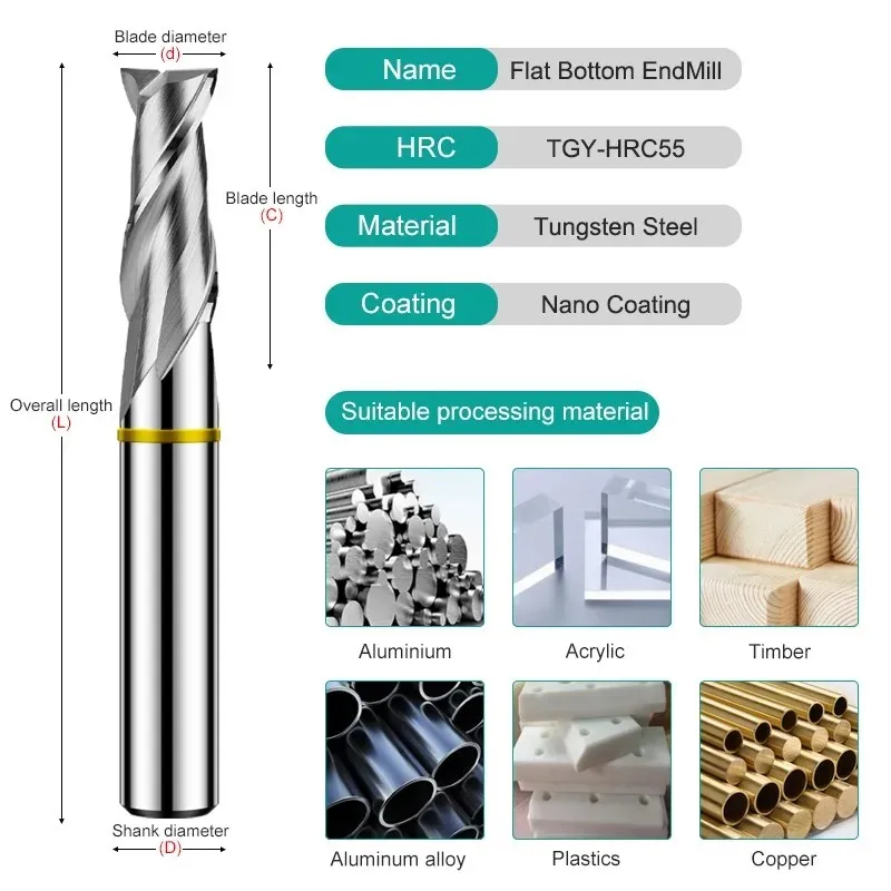 Shazam hrc50/hrc55 2-Flöten-Buntringfräser Wolfram stahl karbid Flach fräser cnc mechanische Schaft fräser Werkzeuge – Detail 2
