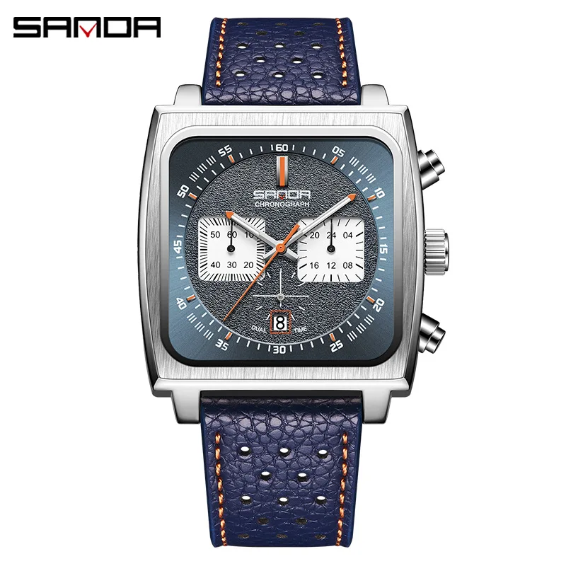 SANDA Hot Sale Belt Casual Watch Three Eyes Six Pins Fashion Trend with Calendar Square Men's Quartz Watch