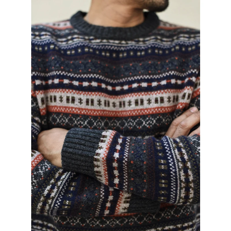 Sauce Zhan Mens Fair Isle Lambswool Sweater Winter Warm O-neck Wool Pullovers Multicolored Patterns