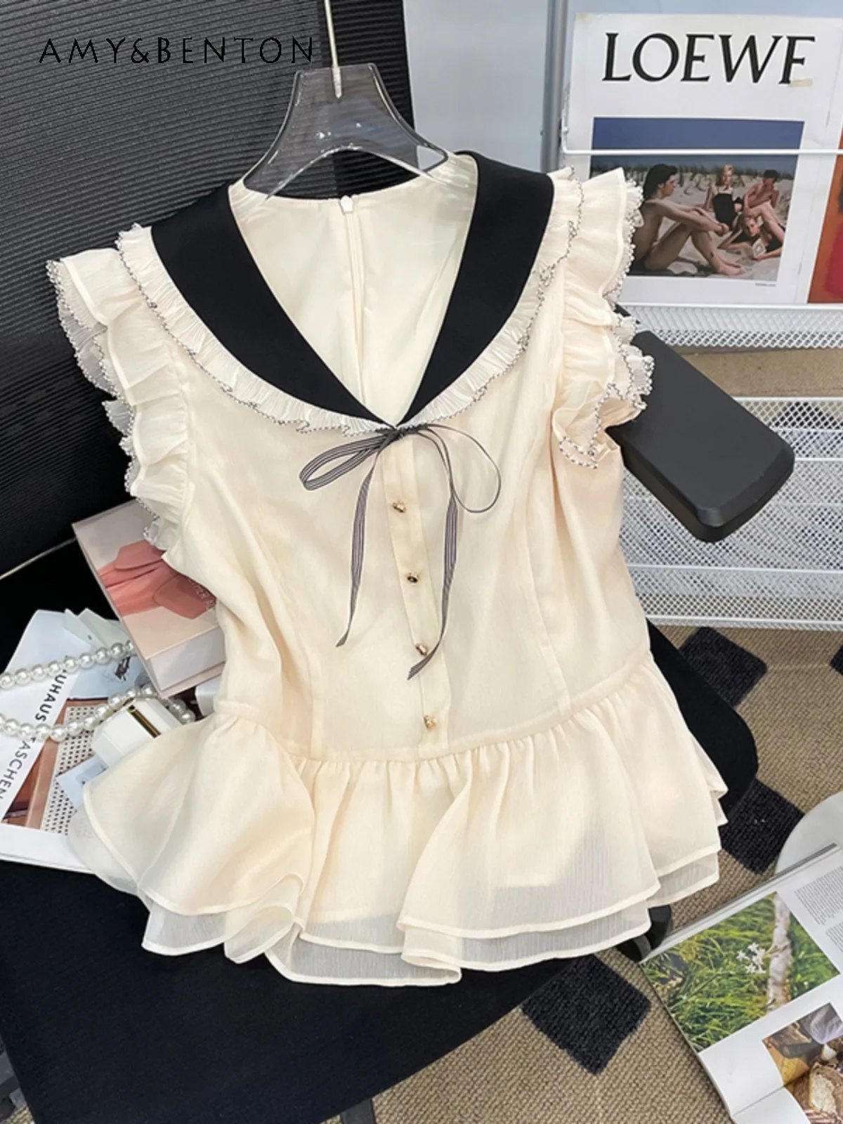 

Flying Sleeves Shirt Women Sweet Preppy Style Doll Collar Lace Up Patchwork Chiffon Shirt Summer Fashion All-Match Slim Thin Top