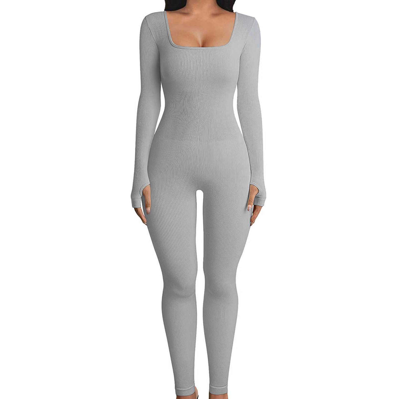 

Women's Yoga Jumpsuits Long Sleeve Square Neck Sport Bodycon Jumpsuit for Lounging Gym Yoga Wear