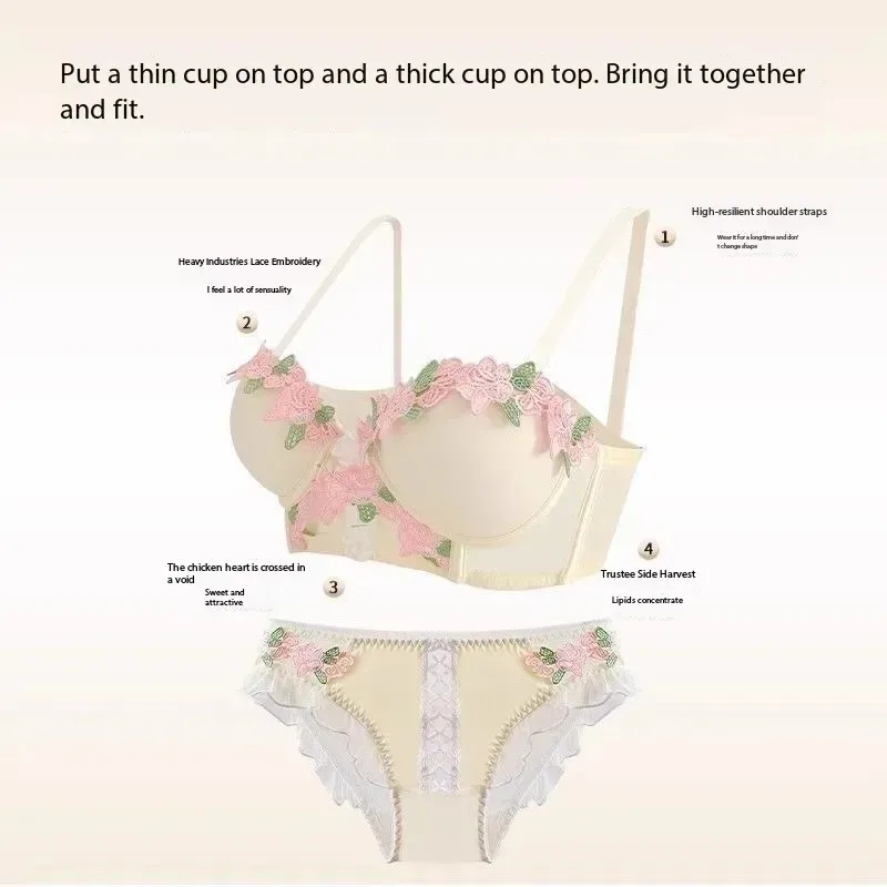 Zoete bloemenlingerieset Crème kanten bralette Leuke push-up bh voor dames met kleine buste Puur en sensueel geborduurd draadloos