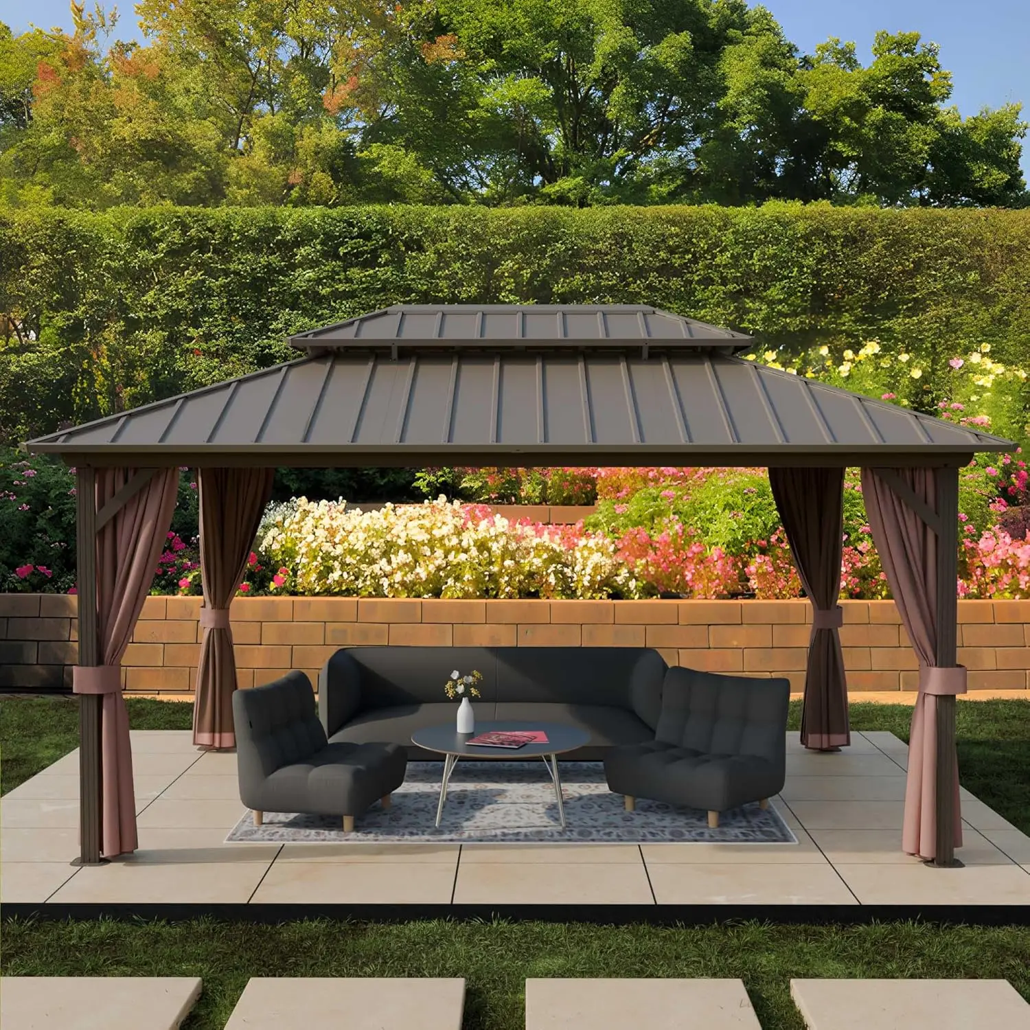 

12'x16' Hardtop Gazebo, Aluminum Frame Galvanized Steel Double Roof Pavilion with Netting and Shaded Curtains, Metal Pergolas