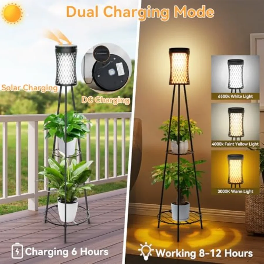 Outdoor Solar Floor Lamps with USB Charging, 45.67 Inch Tall Double Plant Stand Outside Floor Lamps, Warm and White 3 Modes Sta