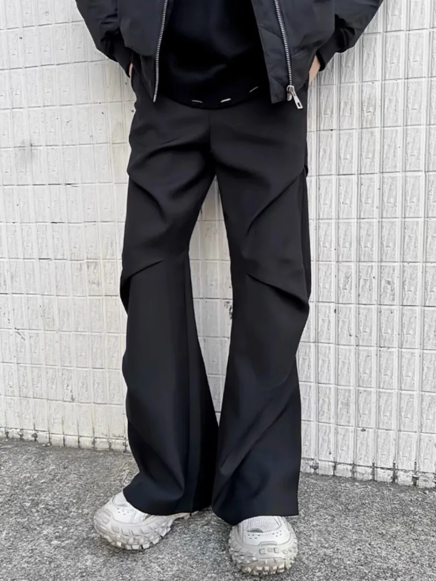 

Cleanfit Men's Casual Wide Leg Pants High Waist Floor Length Trousers Folded Hem Bootcut Pants Loose Fit Youthful Sle