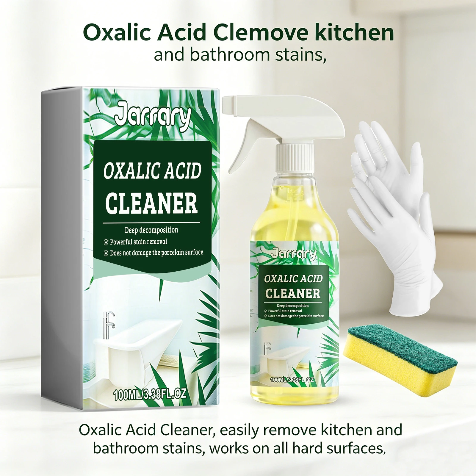 Oxalic Acid Cleaner 100ml Bathroom & Kitchen Stain Remover with Sponge & Gloves for Toilet, Tile & Grout Deep Cleaning Spray