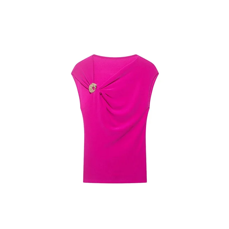 Elegant Solid Asymmetrical T-shirt Women Chic Metal Ring Ruched Slim Fit Sleeveless Casual Tops 2026 Summer Fashion Party Tees