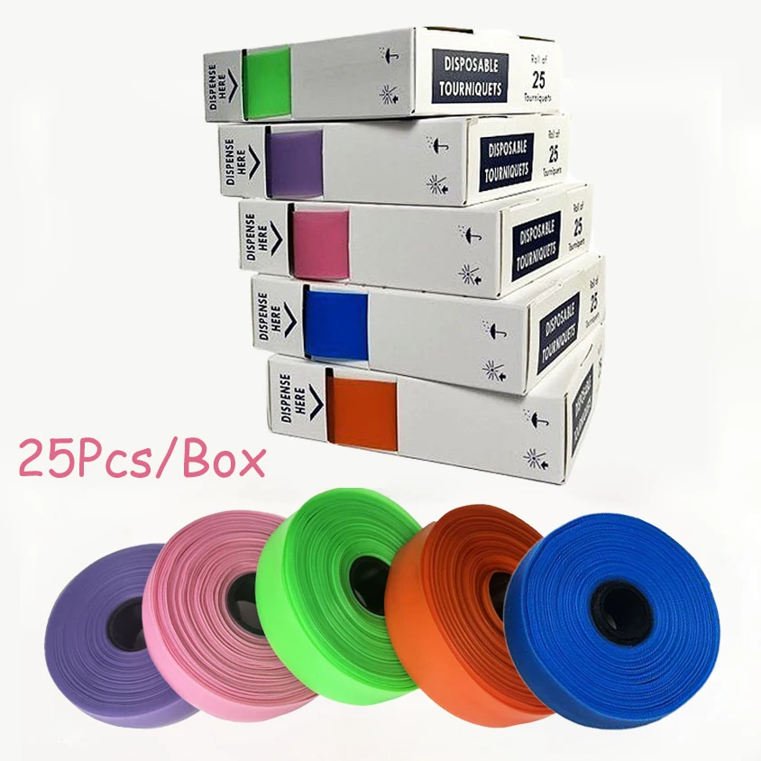 25pcs Disposable Medical Tourniquet Roll Colorful Elastic TPE Tourniquet Outdoor Sport Emergency First Aid Medical General Use