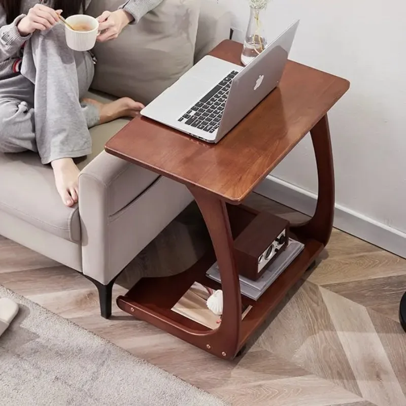

Movable Solid Wood End Table with 360° Swivel Double-Layer Square Mini Side Table for Living Room Sofa Rotating Coffee Tea Table