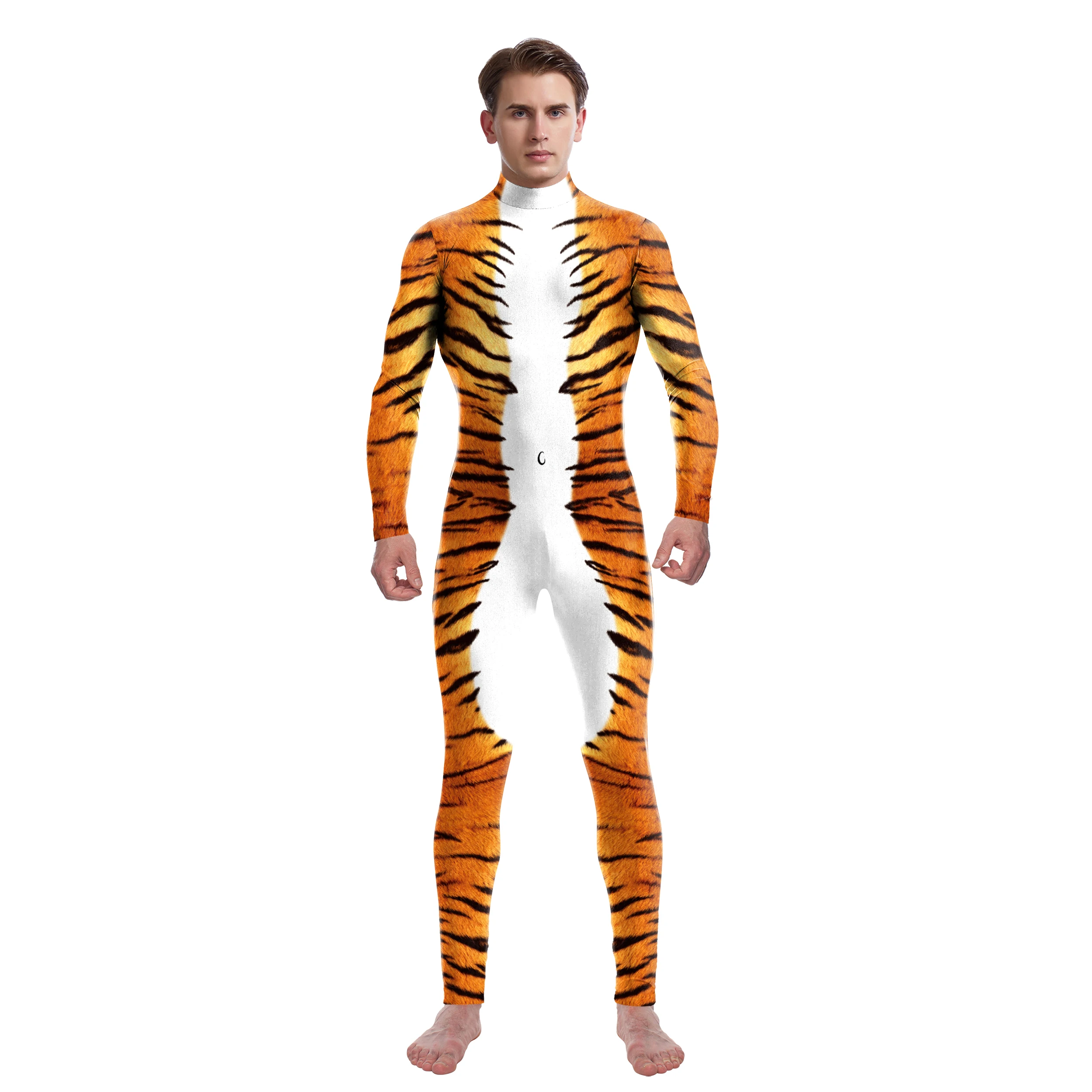 Bodysuits Animal Cosplay Bodysuits For Couple Costume Halloween Tiger Printed Jumpsuit Men Women Outfits Performance Zentai