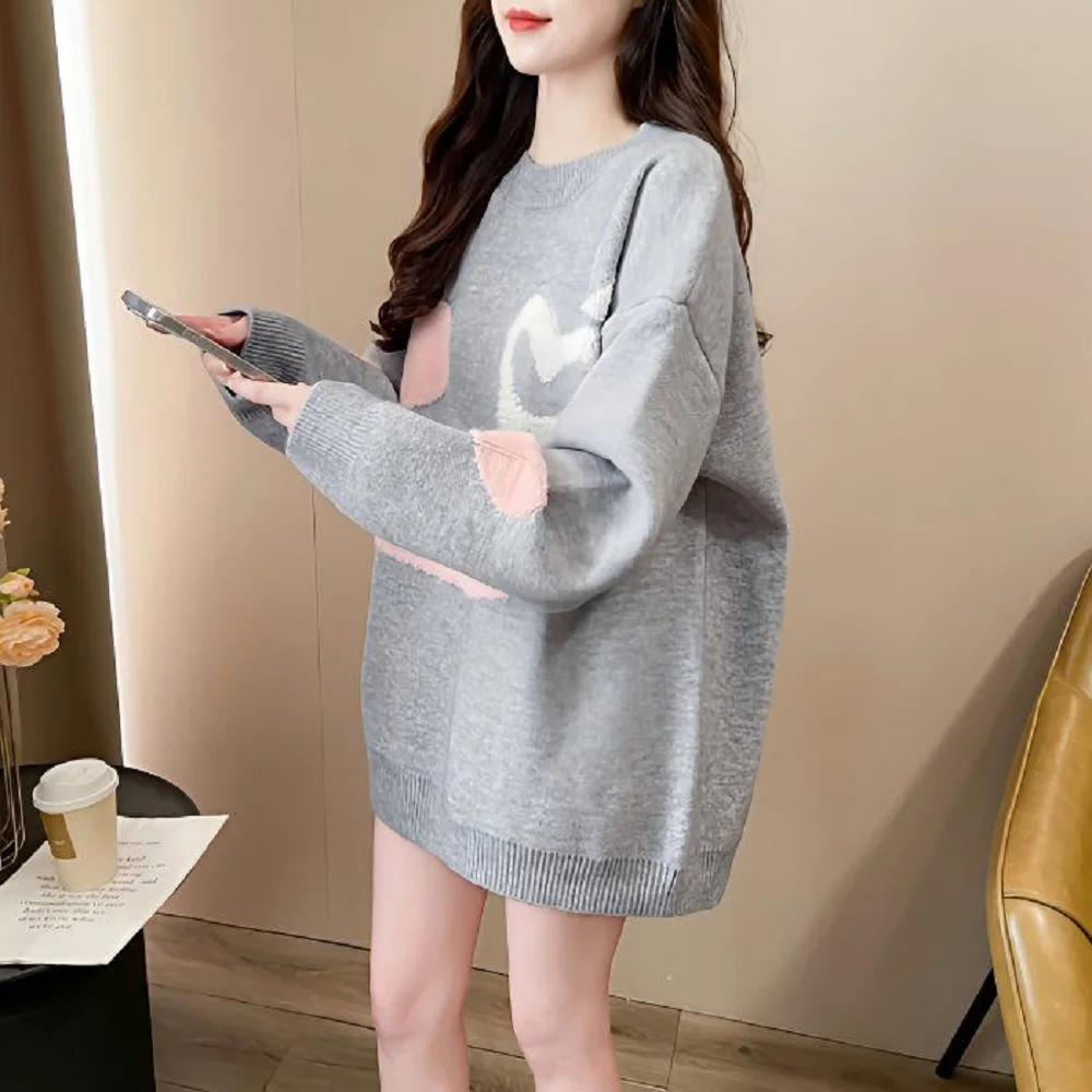 

Korea Version Smiling Face Love Jacquard Knitted Sweater Women Autumn Winter New Loose Round Neck Lazy Style Niche Design Top