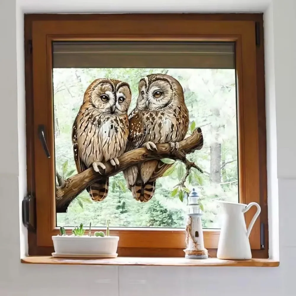 1 Stück Eule auf Ast statisch haftende Fensteraufkleber, klebstofffreie, abnehmbare dekorative Glasaufkleber, Wand- und Fensterdekoration für Zuhause