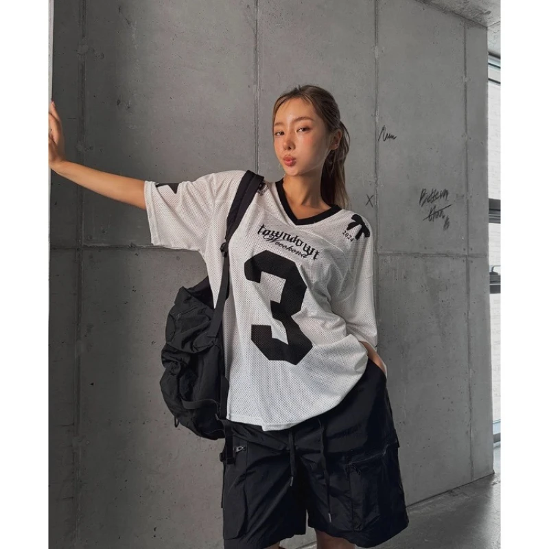 

Deeptown Vintage Letter Graphic Print Women Mesh T-Shirts Overzised V Neck Short Sleeve American Sports Style Tees Loose Hip Hop