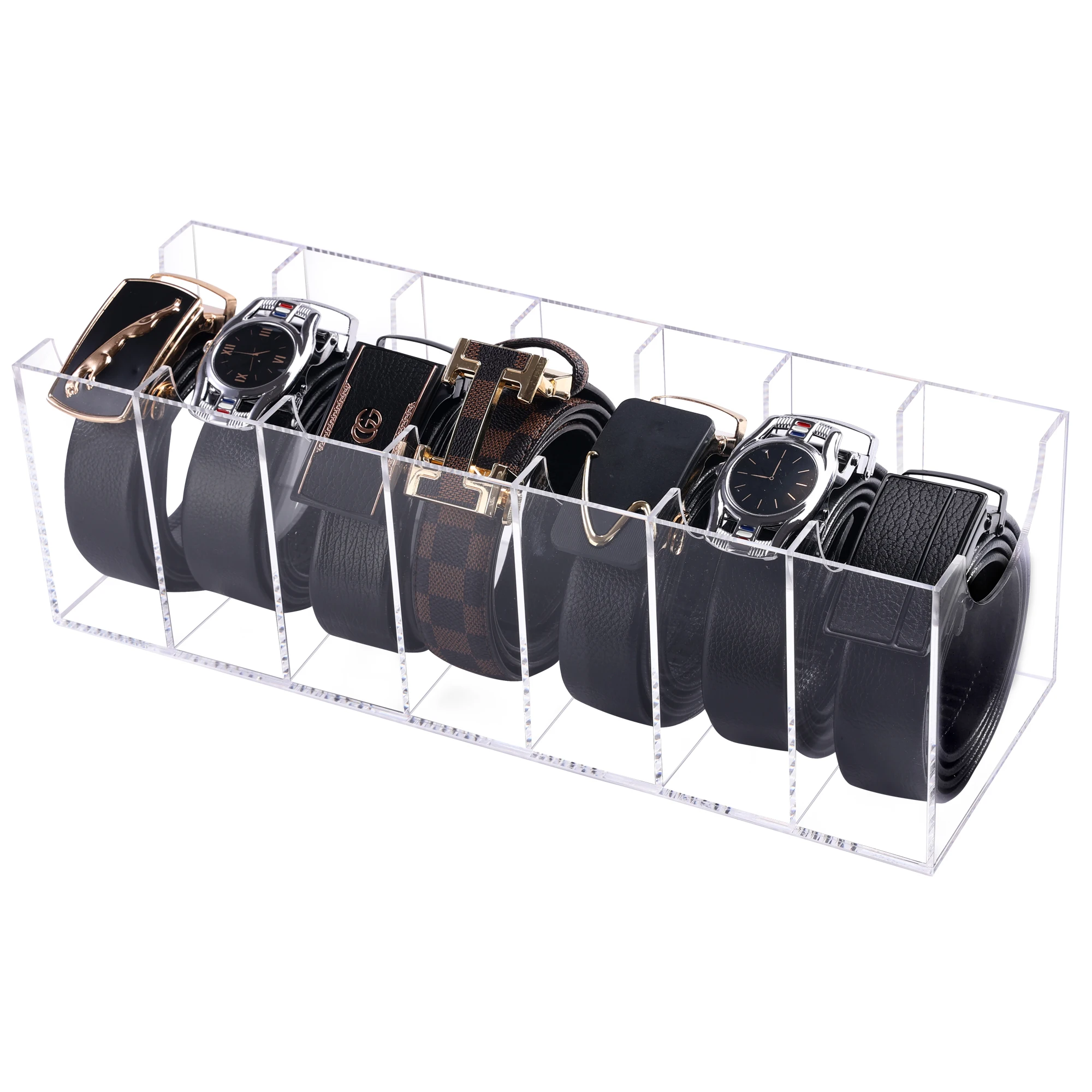 Belt Organizer,Acrylic Belt Storage Box with Compartments,Transparent Display Case,Belt Bow Tie Jewellery Watch Organizer Box