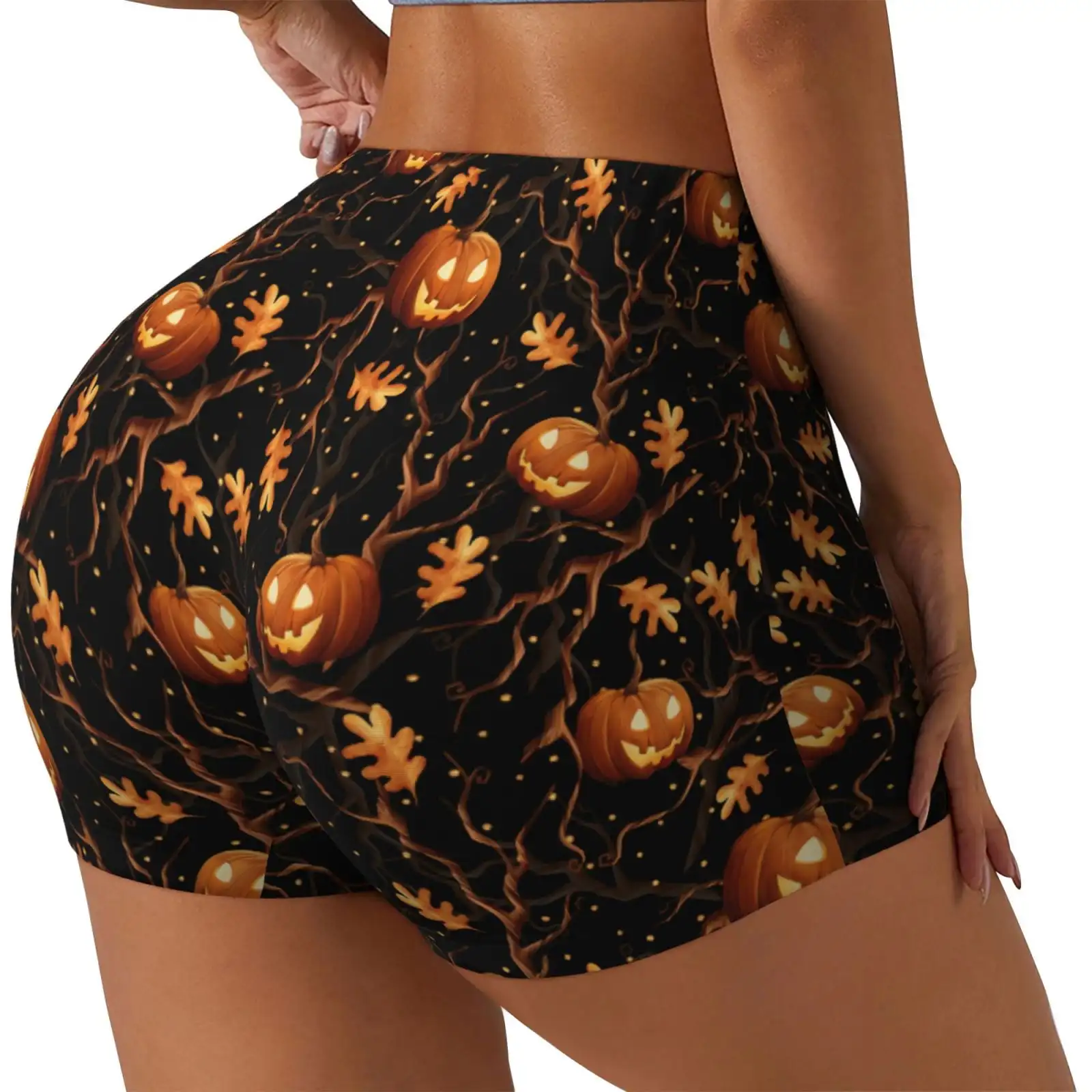 Halloween With Pumpkins Print Workout Shorts for Women Seamless Soft Smooth Gym Yoga Scrunch Active Shorts