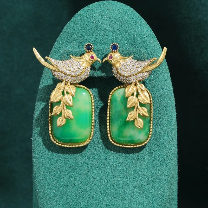 Vintage Green Square Glazed Mockingbird Earrings Gold Color Trendy Art Deco Jewelry For Woman Luxury Brand High Quality Gift