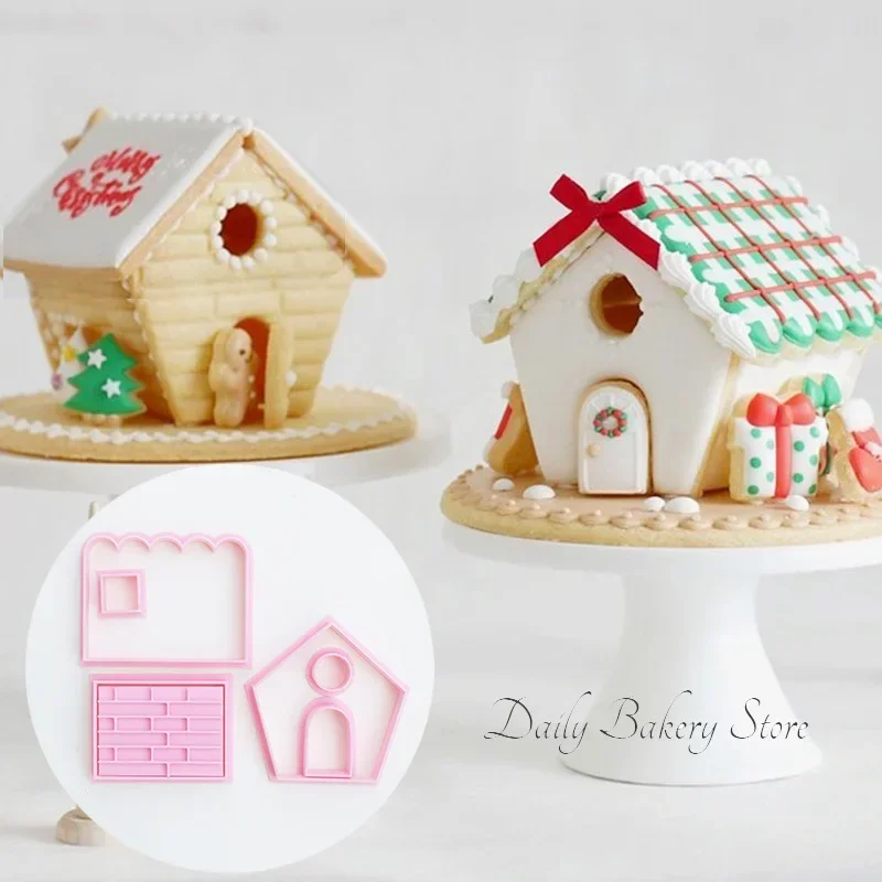 3D Cartoon Christmas Gingerbread House Cookie Mold Handmade Cabin DIY Assembly Baking Biscuit Cutter Fondant Cake Decor Tools