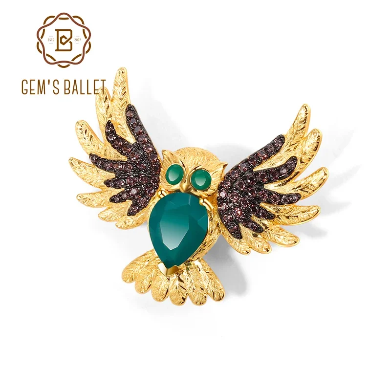 GEM'S BALLET 925 Sterling Silver Women's Owl Brooch Pin Natural Green Agate Gemstones Animal Brooch Badge Fine Jewelry