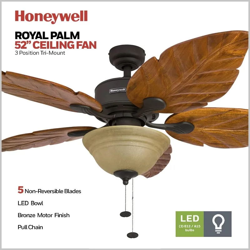 52 Inch Tropical LED Ceiling Fan with Light, Pull Chain, Three Mounting Options, Hand Carved Solid Wood Blades (Bronze)