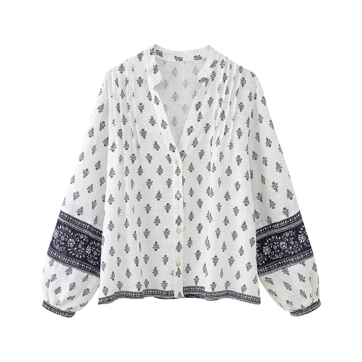 

UNIZERA women's shirt with puffy sleeves round V-neck print casual temperament summer new style shirt