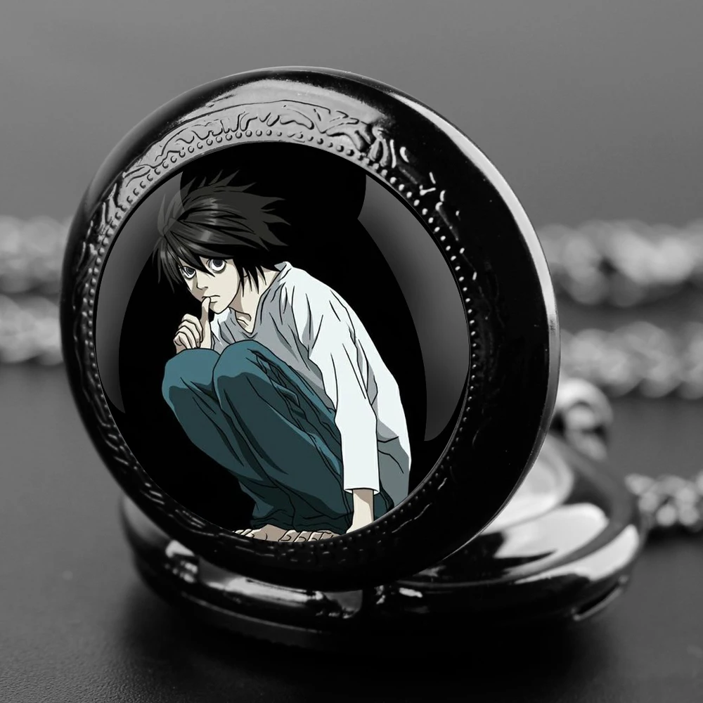 Death Note Design Glass Dome Quartz Pocket Watch With Durable Chain Arabic Numeral Dial For Men And Women Creative Gifts