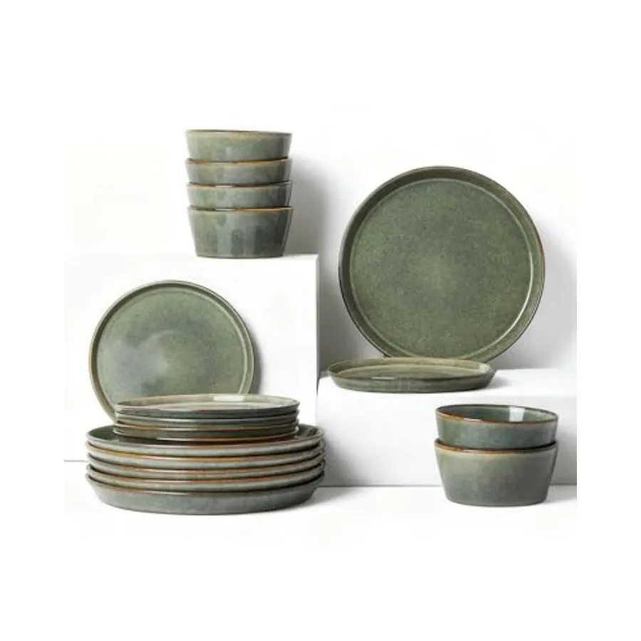 

Microwave Safe Dinnerware Sets for 6 Hand Glazed Farmhouse Plates and Bowls Green Wheat Color Chip Scratch Resistant Dishes Set