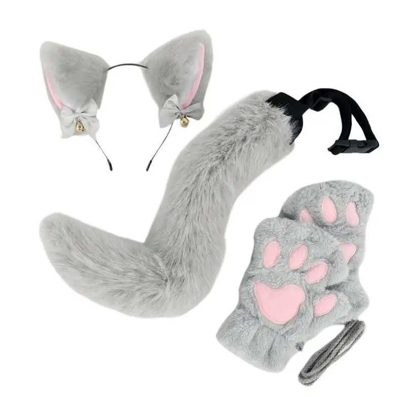 39bd-3-個の猫のドレスアップコスチュームセット、ヘッドバンド、尻尾、手袋、動物コスチュームアクセサリー付き女の子ハロウィンコスプレ用