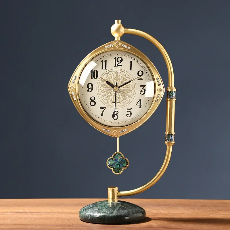 بندول نحاسي خفيف ساعة مكتب فاخرة لغرفة المعيشة سطح المكتب زخرفة زخرفية صامتة كوارتز عتيق #3