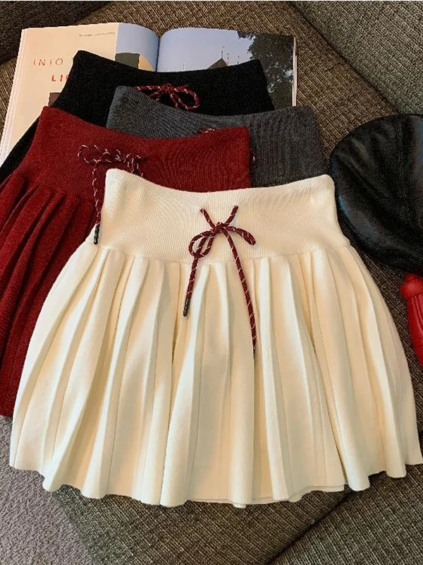 

High Waist Dstring Knitted f-length ort Skirt for Women Autumn Winter Versatile Sweet Japanese Sle A-line Skirt