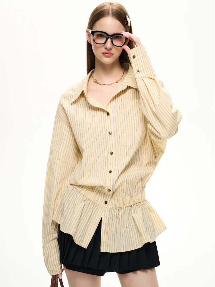 ADAgirl Yellow Striped Dress Shirt Long Sleeve Pleated Patchwork Blouse Female Korean Spring Fashion Preppy Style Clothes Chic