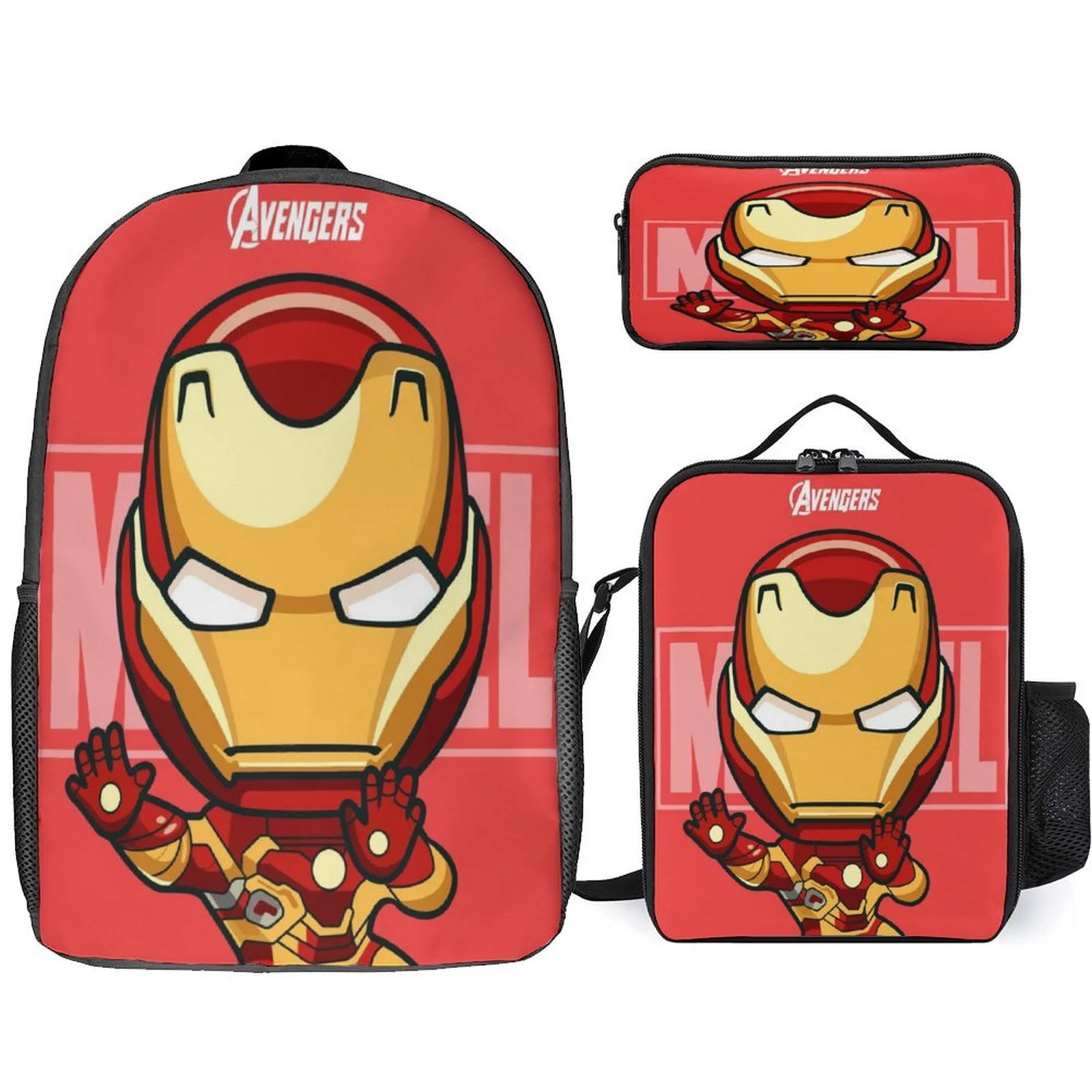 

3 in 1 Backpack Set-Unisex Boy Girl IronMan Large Knapsack with Marvel Canvas Side Bag Pencil Case for School