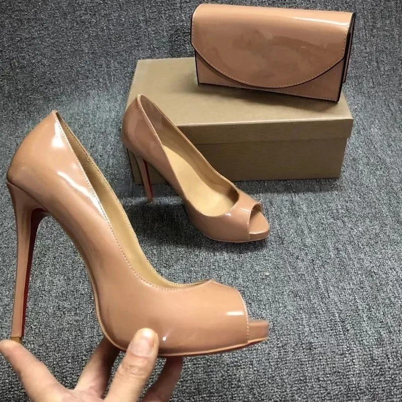 جديد خاص جدا منصة النساء فستان أحذية الزفاف مضخات عالية الكعب اللمحة تو براءات الاختراع والجلود خنجر الصنادل مخلب حقيبة كتف