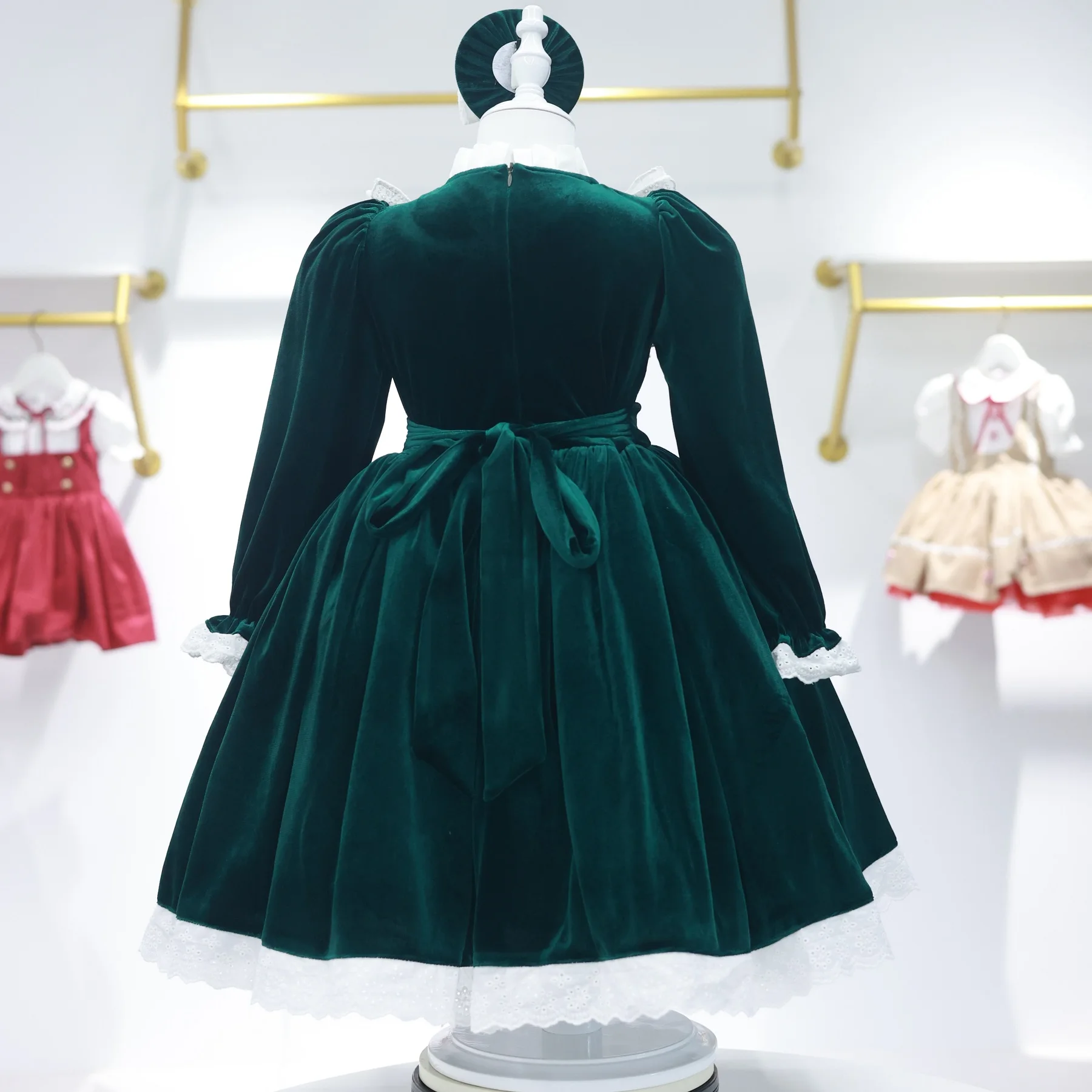 0-12Y Baby Girl Autumn Winter Green Velvet Vintage Spanish Turkish Princess Ball Gown Dress for Eid Christmas Photography C94