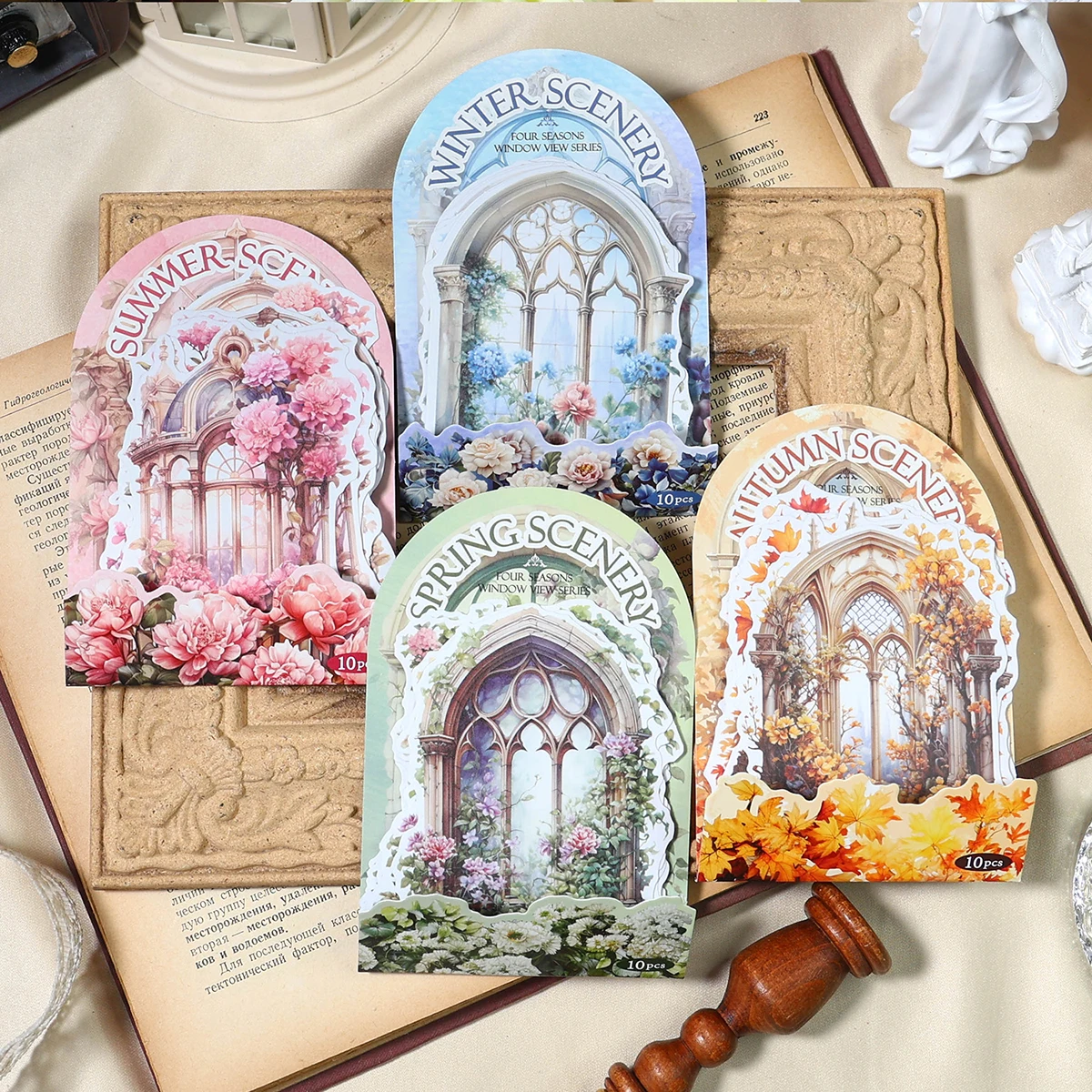 

Journamm 10pcs/pack Window Sill Scenery Stickers Washi Paper Collage Junk Journal DIY Scrapbooking Supplies Decor Flower Sticker