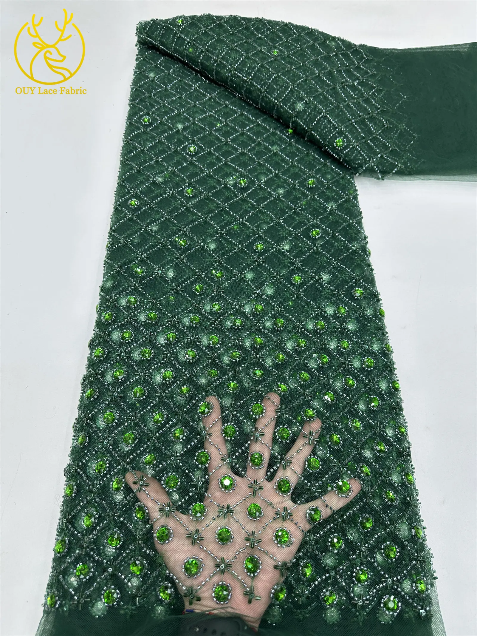 Smaragdgrüner Afrikanischer Tüll mit Perlen, Hochwertige Französische Pailletten-Spitze, Nigerianischer Mesh-Tüll für Hochzeitskleider – Detail 6