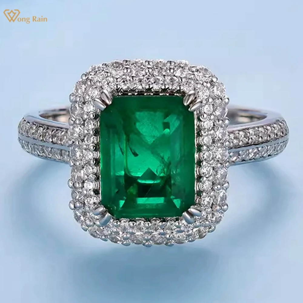 Wong Rain Vintage 925 Sterling Silver 7*9 MM Emerald High Carbon Diamonds Gemstone Ring for Women Fine Jewelry Anniversary Gifts