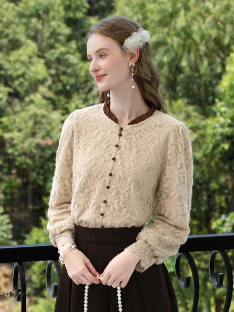 I BELIEVE YOU French Women's Velvet Lace Base Shirt 2024 Autumn Winter Khaki Top Contrast Splicing Fungus Edges Shirt 2244085874