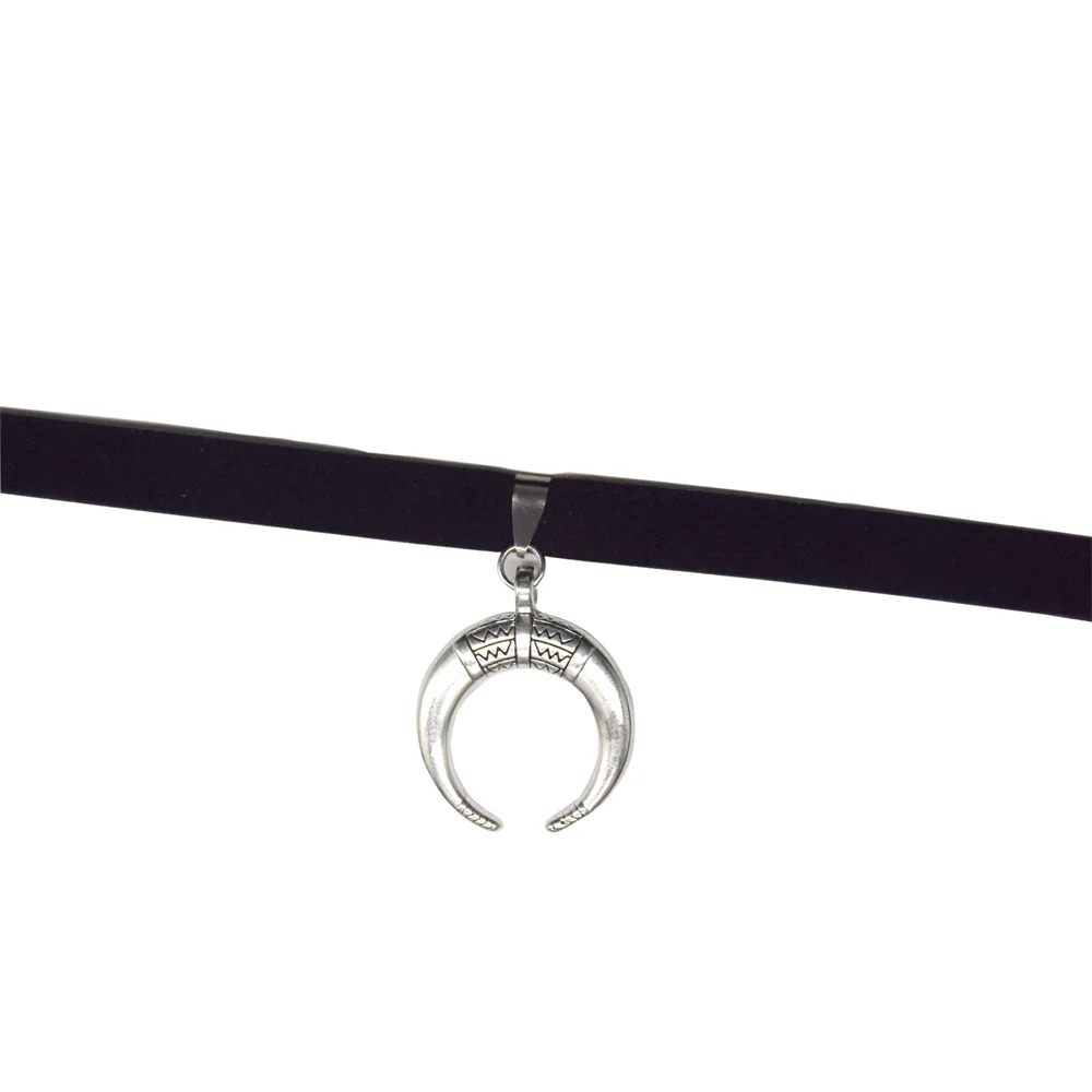 Vintage Samt-Leder-Choker-Halskette für Frauen, Gothic Silberfarbenes Mond-Anhänger-Collier, Modischer Schmuck für Bar- und Party-Anlässe – Detail 6