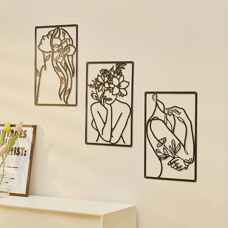 Minimalista Mulher Abstrata Wall Hanging Art, Linha Moderna Desenho, Metal Home Decor, Linha Única de Parede Feminina, 3Pcs