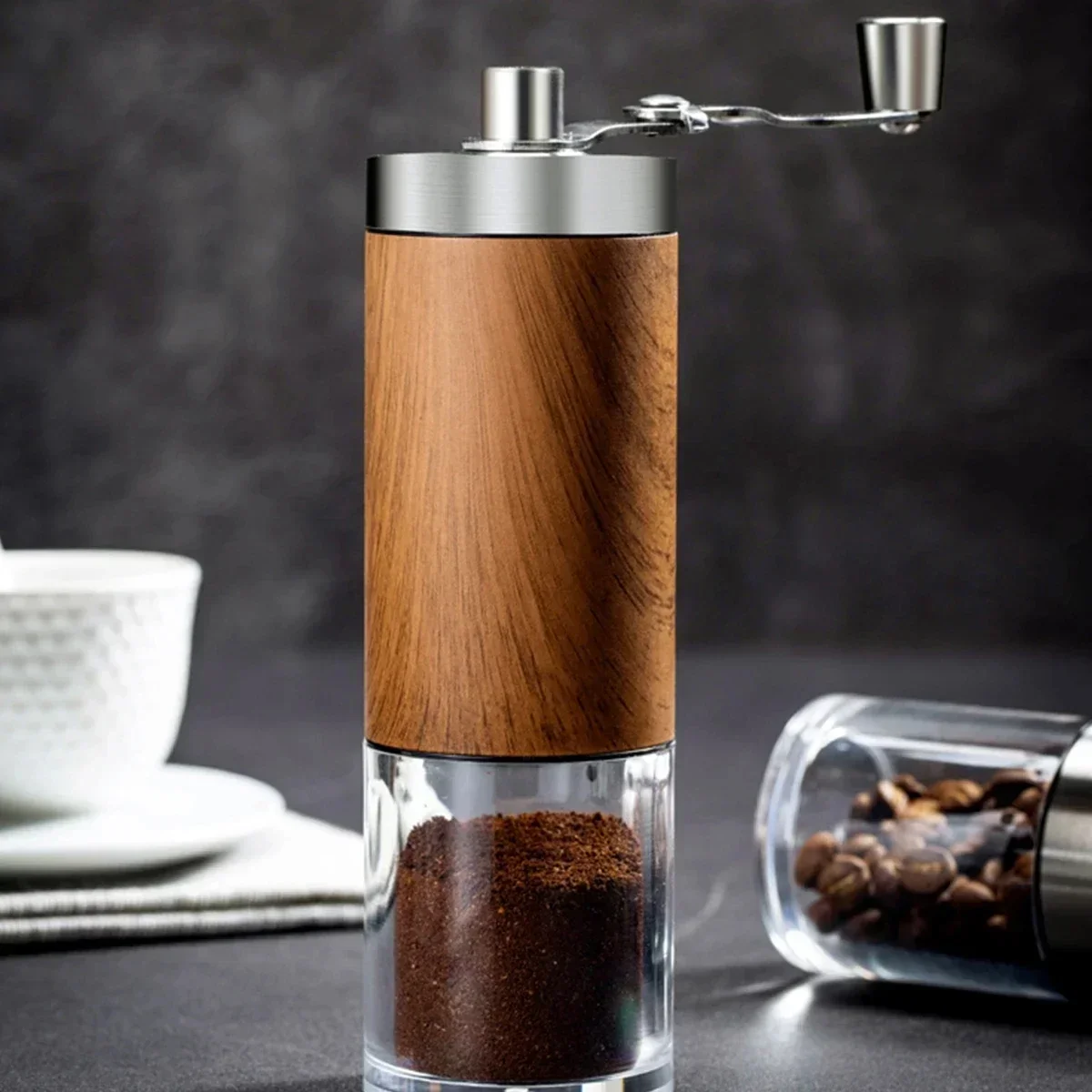 Tragbare manuelle Kaffeemühle im Vintage-Stil mit Holzmaserung, Kurbel aus Edelstahl, Retro-Handkaffeebohnenmühle für Zuhause und Reisen