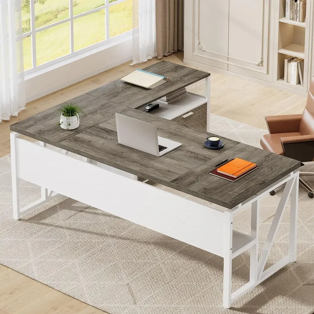 LShaped Desk with Drawers, 63 Executive Office Desk with Mobile File Cabinet and Storage Shelves, Home Office Business Furnitur