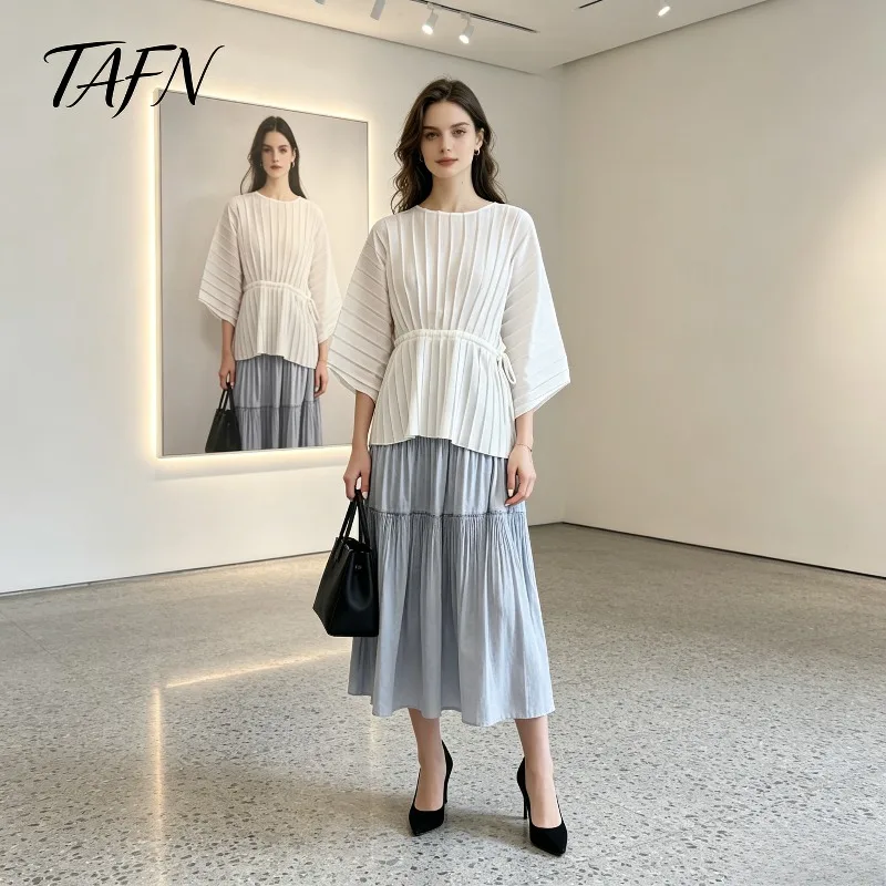 Miyake Pleated 2026 Autumn Japanese Style Pleated Round Neck Eight-Sleeve Accordion Pleated Tie Top Loose Commuter Women Pleat