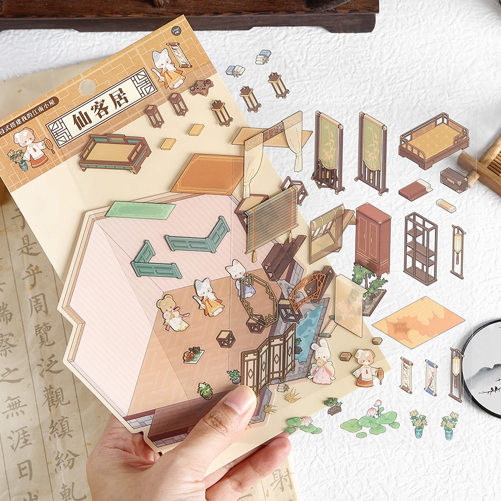 Paket Stiker Adegan 3D Mini Stiker Adegan Belajar Kolam Halaman Tiongkok Retro Hewan Kartun Kawill Stiker Adegan DIY