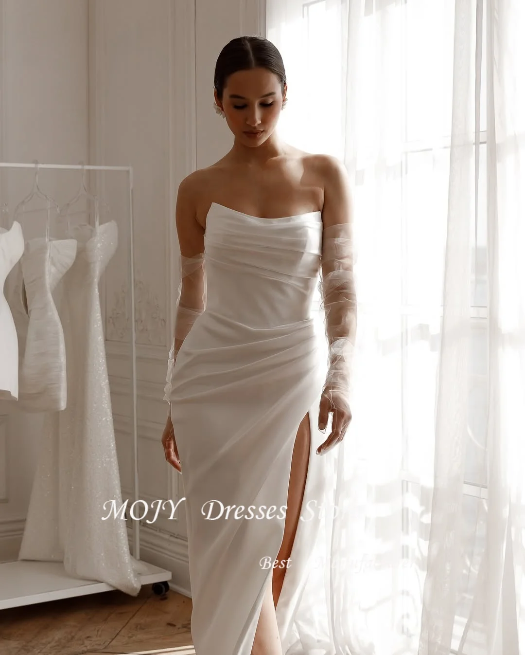 Mojy Customize To Measures Wedding Dress Side Slit Mermaid Floor Elegant Long Sleeve Spandex For Women robe de mariée musulmane